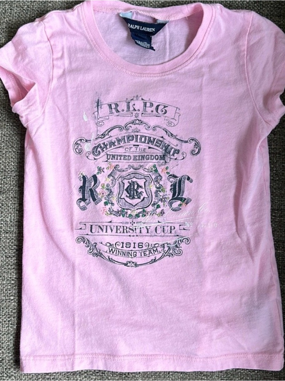 Ralph Lauren Girls Light Pink University Cup Graphic Crest Tee Shirt Size 5